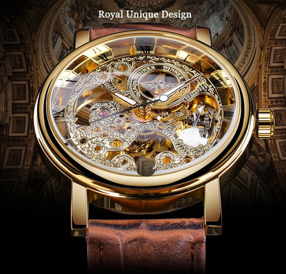 Winner Transparent Golden Case Luxury  Skeleton Watch