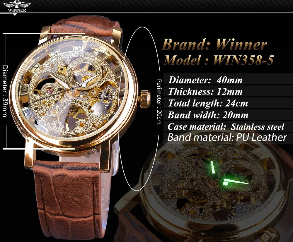 Winner Transparent Golden Case Luxury  Skeleton Watch