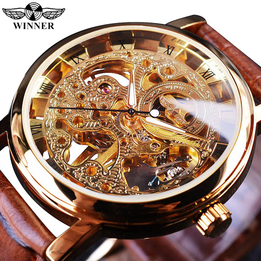 Winner Transparent Golden Case Luxury  Skeleton Watch